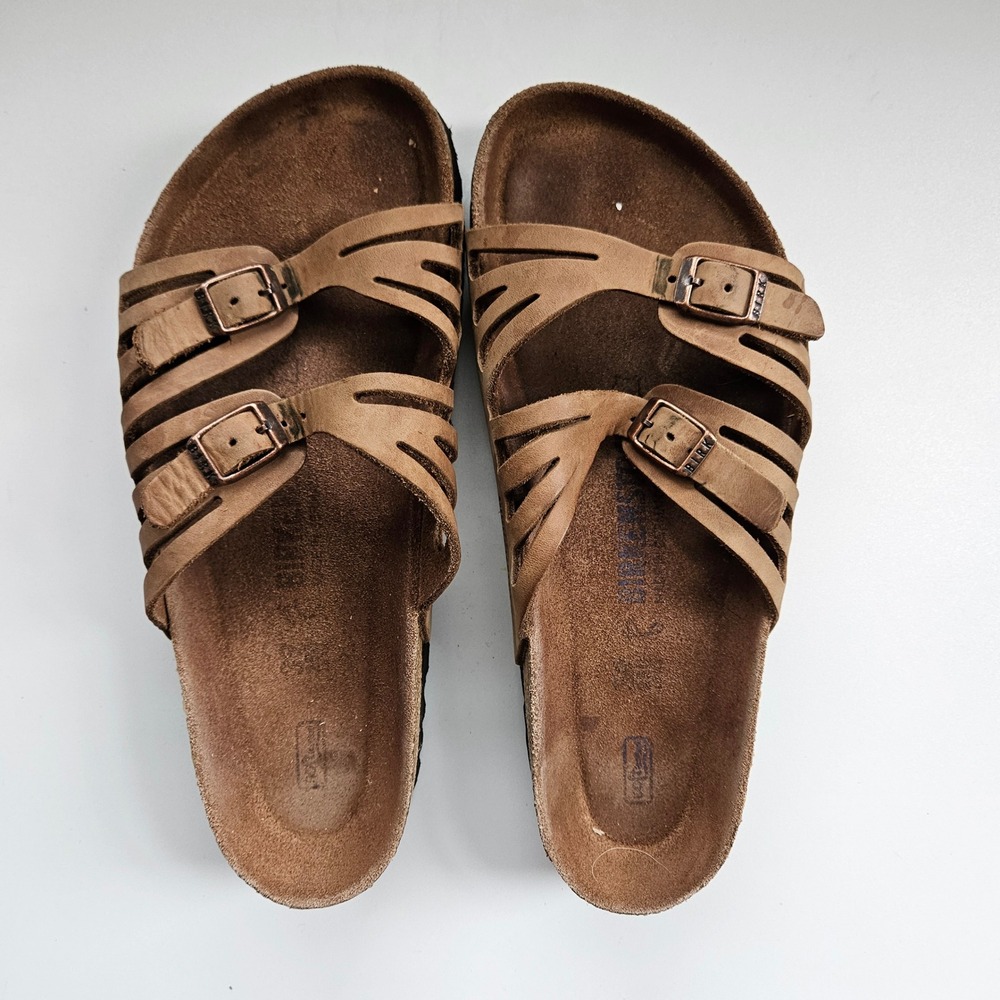 Birkenstock Granada Sandals EU 39 Taupe Leather Nubuck Beige Tan Butterfly Slip